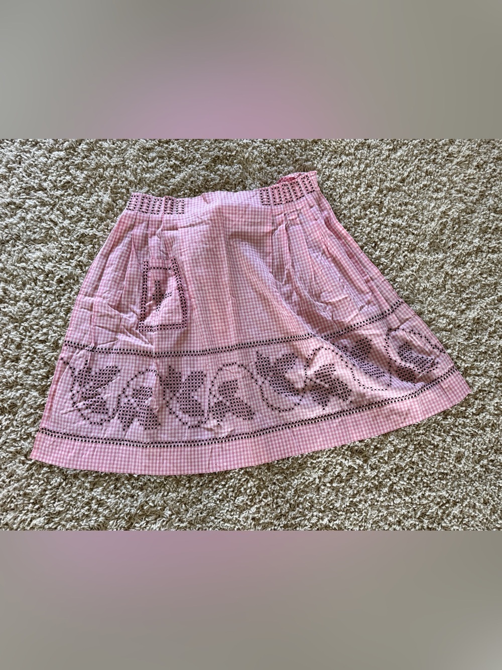 Vintage Pink & White Gingham Apron with Hand-Stitched Floral Embroidery